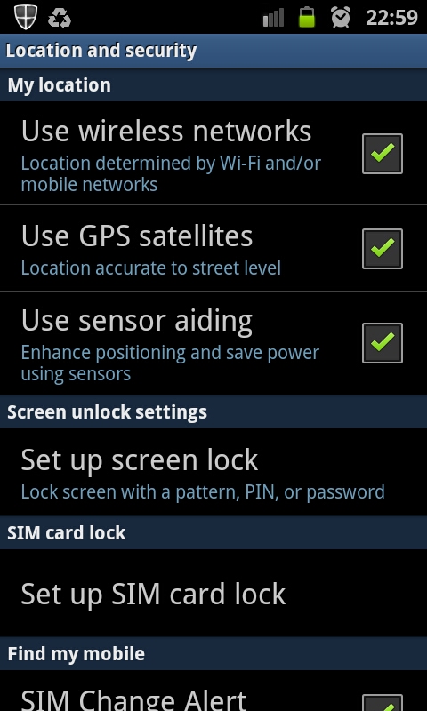 Location and security settings