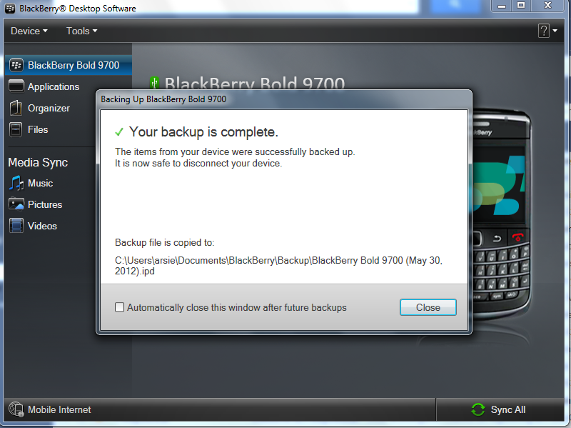 Backup Complete Blackberry Desktop Manager