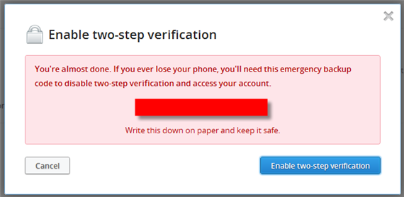 Dropbox Two-step verification six digit code Enabled