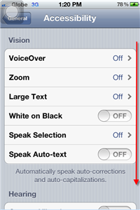 iPhone 4S Accessibility Scroll Down