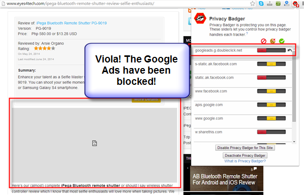 Privacy Badger Blocks Google Adsense